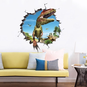 3D broken wall dinosaur wall sticker showing T-Rex and Triceratops in modern living room