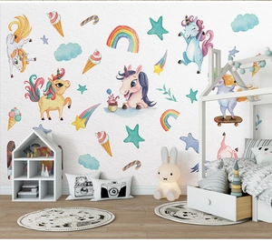 Nordic hand-painted unicorn and rainbow wall decals for children's bedroom decor