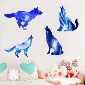 Detailed views of 3D galaxy wolf wall stickers with starry night and cosmic moon patterns