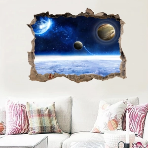 3D outer space cracked wall sticker showing deep blue galaxy planets over white sofa