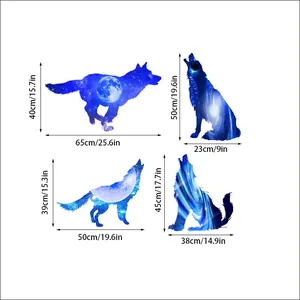 Size chart showing 3D starry sky wolf wall decals dimensions in centimeters and inches