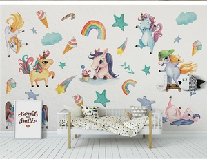 Nordic minimalist unicorn wall decals with rainbows and stars for kids room decoration