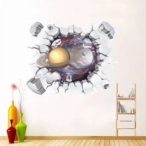 Vue détaillée du sticker mural 3D avec mur brisé, planète jaune et galaxie spatiale