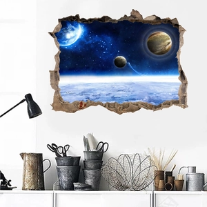 Detailed 3D outer space wall decal with realistic cracked wall effect and colorful planets