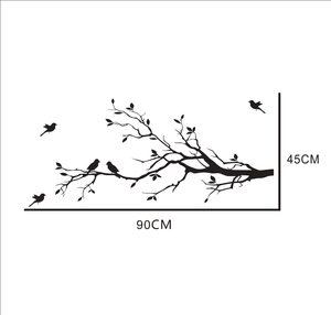 Minimalist black silhouette wall sticker with branches and birds design, size 90x45cm