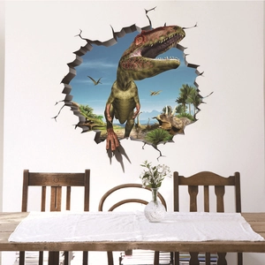 3D wall sticker featuring a T-Rex breaking through wall for kids bedroom decor