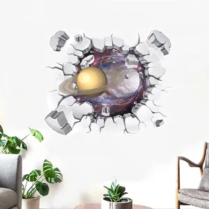 Sticker mural 3D effet mur brisé avec planète et nébuleuse pour le salon