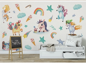 Nordic hand-painted unicorn wall stickers with rainbow and stars for kids' bedroom decor