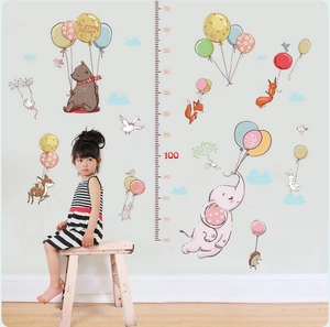 Balloon animal height chart wall sticker for kids room featuring cartoon elephant and bear