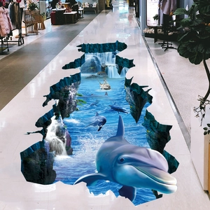 3D Delfin Ozean Gebrochene Wand Bodenaufkleber Wasserdicht PVC Abnehmbar Wandbild Für Wohnzimmer Schlafzimmer Badezimmer Haus Dekoration