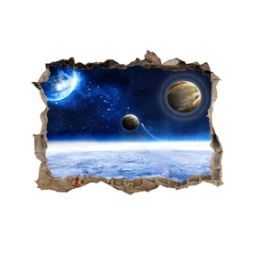3D wall sticker detail showing cracked wall effect and cosmic planets in outer space