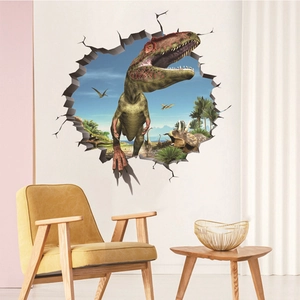 3D cracked wall dinosaur stickers on a living room wall above a modern yellow leather chair