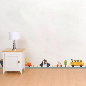 Cartoon animal vehicle wall decals featuring police cars and bus for kids nursery decor