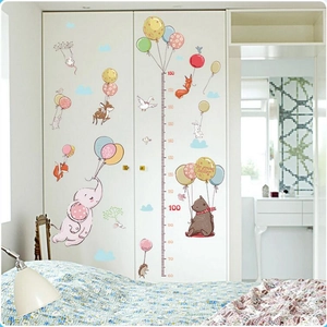 Cartoon animal growth chart wall sticker with balloons and height scale 60-180cm
