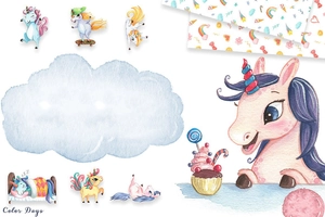 Detail of watercolor unicorn wall stickers with dreamy macaron colors for kids room decor