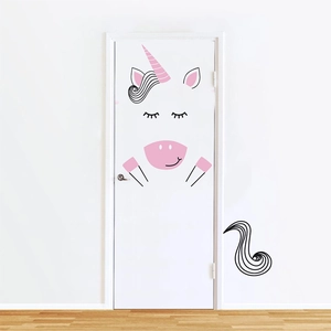 Nordic minimalist unicorn door sticker set with pink and black elements for kids room decor