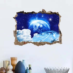 Detail of 3D cracked wall sticker showing earth and starry sky for home decor