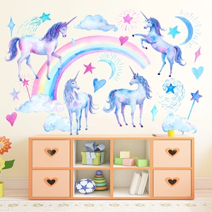 Dreamy watercolor unicorn wall stickers set with rainbow and stars for kids' bedroom