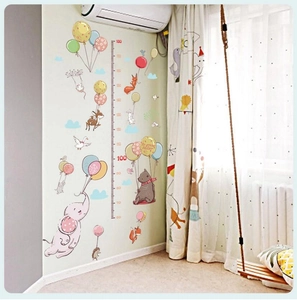 Cartoon animal growth chart with balloons for kids room wall decor, 50-180cm height ruler