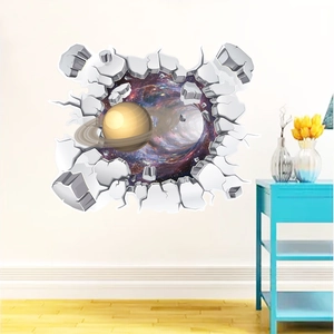 Sticker mural 3D créatif galaxie de l'espace avec effet de mur brisé réaliste décoratif