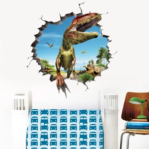 Realistic 3D dinosaur wall sticker showing a T-Rex breaking through a wall in a kid bedroom