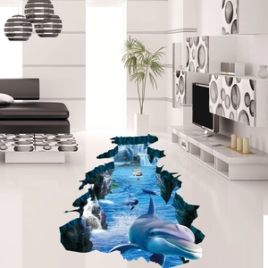 3D Ozean Delfin Wandaufkleber mit Wasserfalleffekt für Wohnzimmer Bodendekoration