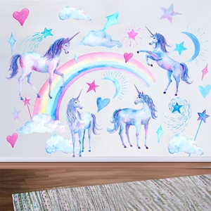 Watercolor unicorn wall sticker set with rainbow and stars for kids bedroom decoration