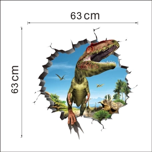 3D wall sticker featuring a roaring T-Rex dinosaur breaking through wall for kids rooms