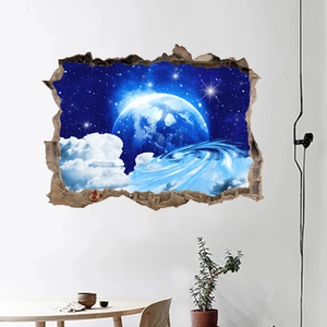 Detailed 3D wall sticker featuring Earth and blue galaxy through a cracked wall effect