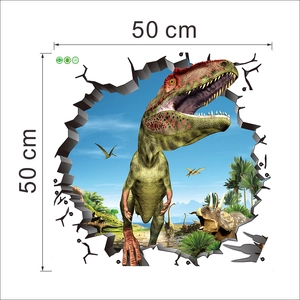 Detail view of 50x50cm 3D dinosaur wall sticker with realistic T-Rex breaking through wall