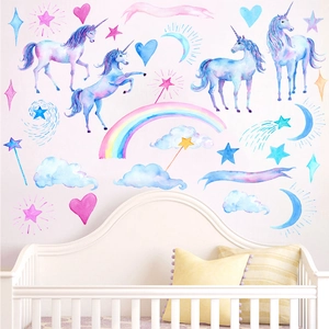 Pastel unicorn wall sticker with rainbows and stars for a clean nursery bedroom decor