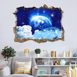 Detail of 3D cracked wall sticker showing Earth and stars for modern living room decor
