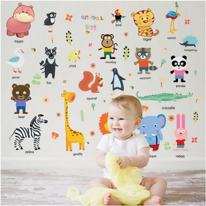 Cartoon animal wall stickers for kids with educational English words for nursery decor
