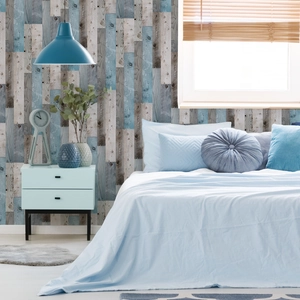 Vintage 3D wood grain self-adhesive wallpaper for bedroom wall decoration with blue tones