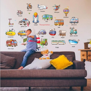 Cartoon transportation wall stickers for kids room featuring colorful cars and planes