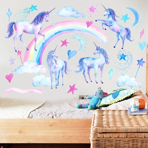 Whimsical watercolor unicorn wall decals set with rainbow and stars for kids' bedroom decor