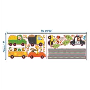 Macro view of cartoon animal vehicle wall stickers with 90x30 cm size dimensions