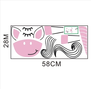 Detailed sheet layout of pink unicorn wall decals for bedroom with size measurements
