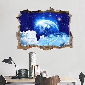 3D cracked wall decal featuring outer space planet and starry sky on a white room wall