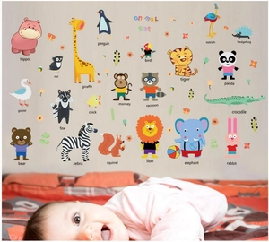 Colorful cartoon animal wall stickers with English names for nursery and kids room decor