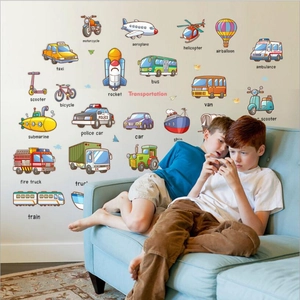 Educational transportation wall decals with cartoon vehicles for kids bedroom decor