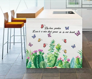 Modern cactus wall sticker with colorful butterflies and garden text for home decor