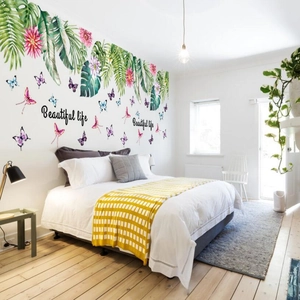 Tropical plant wall stickers with green leaves, flowers and butterflies for modern home decor