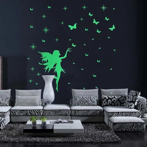 Stickers muraux fluorescents avec silhouette de fée, papillons et étoiles pour chambre