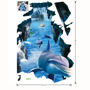 Detail eines 3D Ozean Wandaufklebers mit Delfin und Wasserfall Motiv, Maße 60cm x 90cm