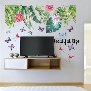 Tropical green leaves and butterfly wall decals with Beautiful Life quote for living room