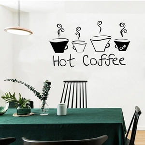 Minimalist black hot coffee wall decals featuring four artistic coffee cups for home decor