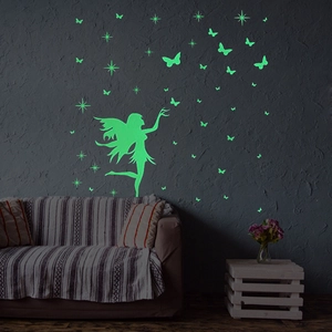 Stickers muraux lumineux avec fée, étoiles et papillons de couleur vert fluorescent