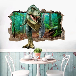 Sticker mural 3D avec un T-Rex perçant le mur sur un fond de forêt verte