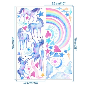 Unicorn and rainbow watercolor wall stickers set for children room decoration, 25x70cm